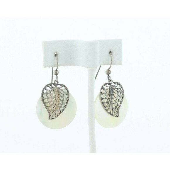 Sterling Silver Mother of Pearl with Sterling Leaf Earrings Dangle Drop Earrings - Picture 6 of 7